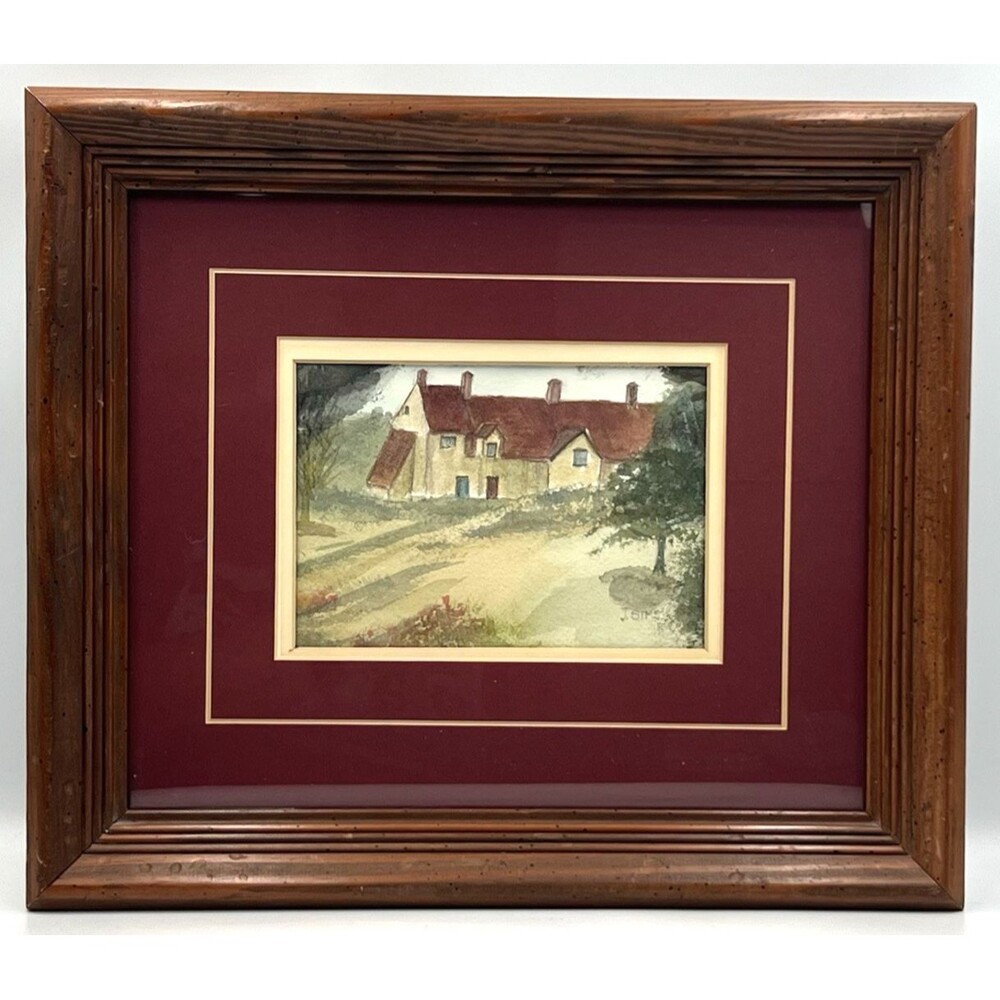 Framed Original Watercolor Painting J. Sims English Countryside Cottage 15x13